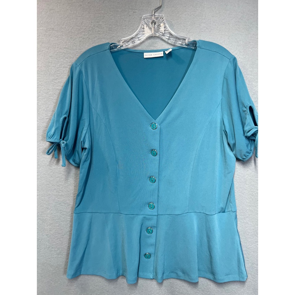 Susan Graver Liquid Knit Teal Blue Peplum Button Front V-Neck Top A470166 Size M
